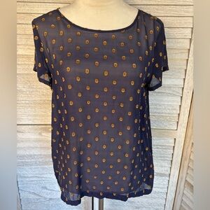 LOFT Women’s SizeM Black cap sleeve silk blouse w/ Amber/Gold embroidered design